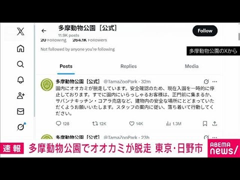 【速報】多摩動物公園でオオカミ1頭逃げ出す(2025年12月28日) サムネイル