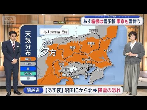 【関東の天気】あす　今シーズン一番の寒さに！　箱根は雪予報　東京も雪舞う【スーパーJチャンネル】(2026年1月20日) サムネイル