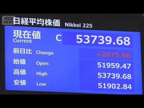 【速報】日経平均株価　今年最大の上昇幅で取引終了　5万3739円（前日比＋2675円）(2026年4月1日) サムネイル