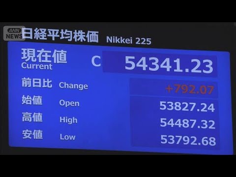 日経平均株価　終値で史上初の5万4000円台　前日比792円高　衆院解散観測で(2026年1月14日) サムネイル