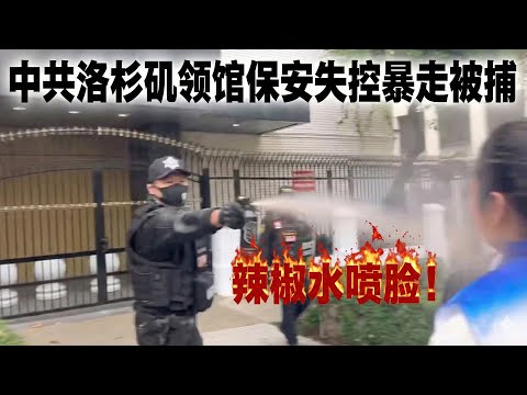 他完蛋了！中国洛杉矶领事馆保安情绪失控，辣椒水恶意攻击抗议者并口头威胁，被警方当场逮捕，面临多项重罪指控，可能要把牢底… サムネイル
