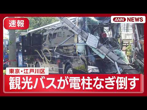 【速報】観光バスが歩道に突っ込み電柱なぎ倒す 現場の様子は？ 運転手の男性けが 東京・江戸川区【午前8時ごろ】(202… サムネイル