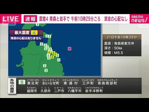 青森県三八上北・岩手県内陸北部で震度4(2025年12月21日) サムネイル